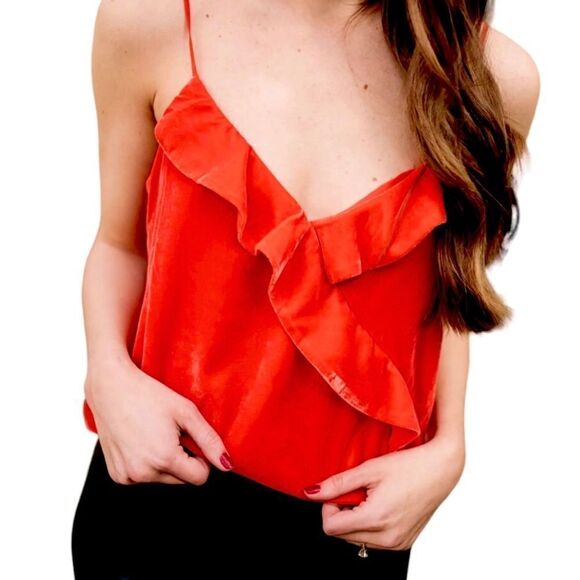 J. Crew Coral Red Velvety Ruffle Tank Blouse - Picture 1 of 12
